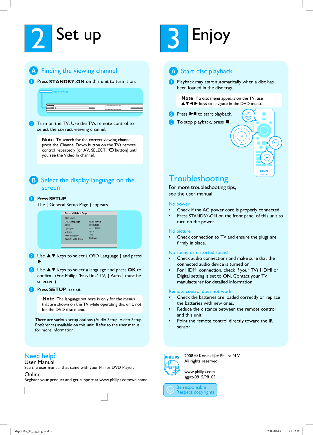 Philips DVP5286K/98 quick start Set up, Enjoy, Troubleshooting 