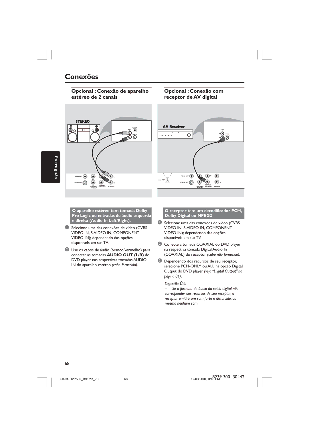 Philips DVP530 manual Opcional Conexão de aparelho estéreo de 2 canais, Opcional Conexão com receptor de AV digital 