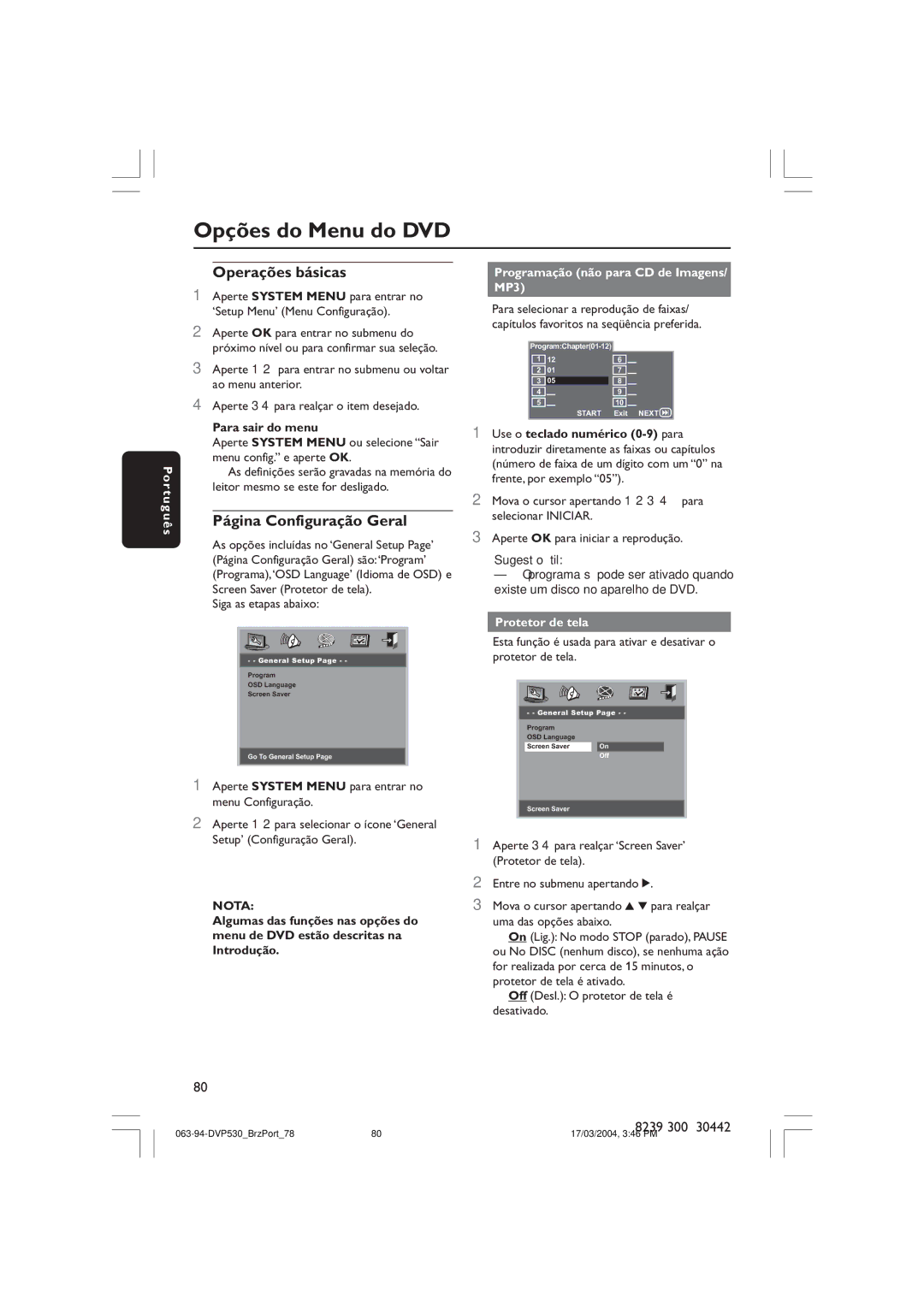 Philips DVP530 manual Opções do Menu do DVD, Operações básicas, Página Configuração Geral, Nota 