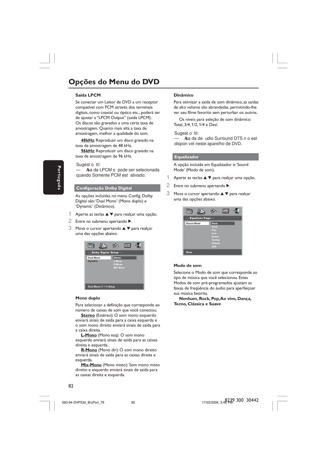 Philips DVP530 manual Configuração Dolby Digital, Equalizador 