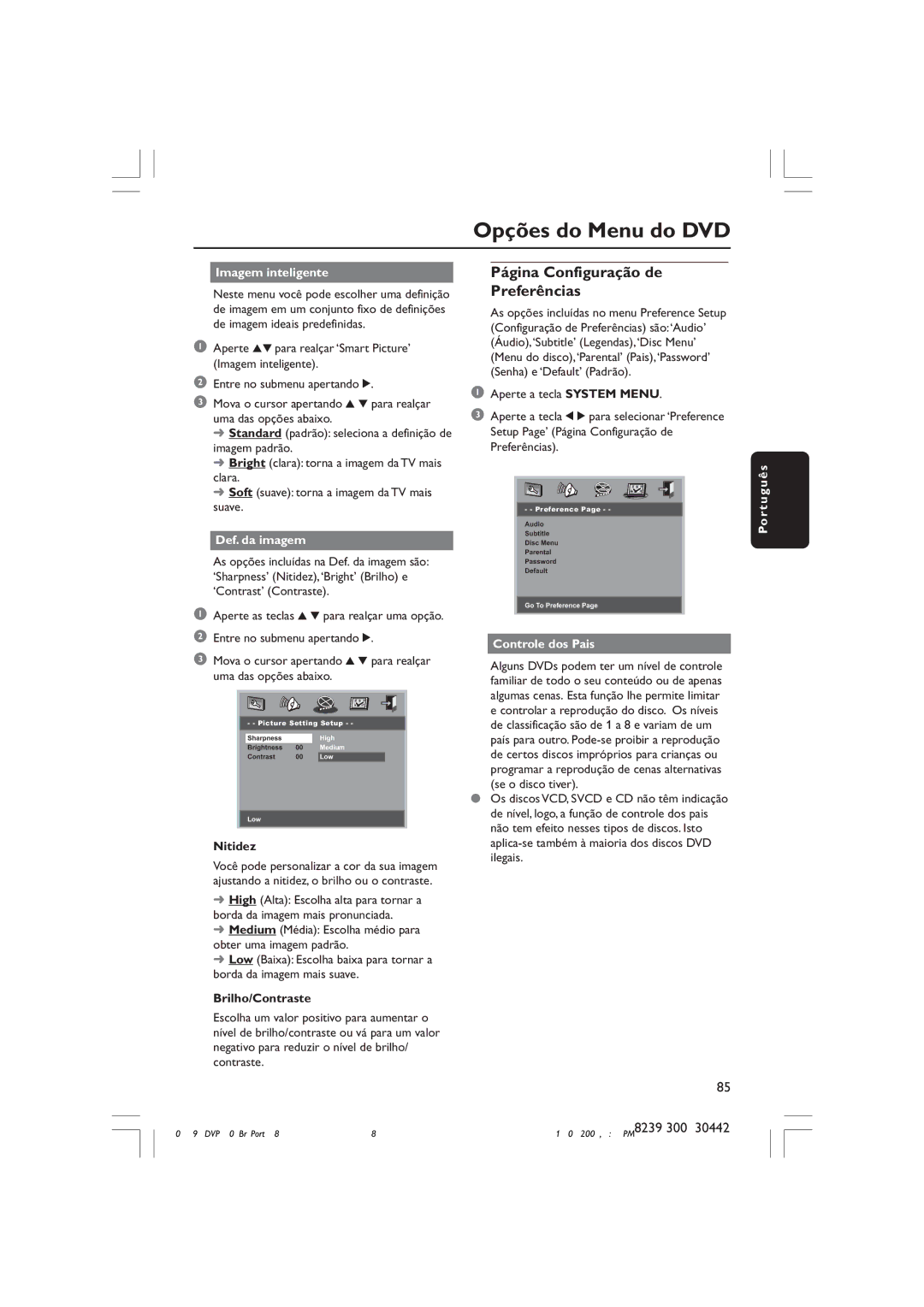 Philips DVP530 manual Página Configuração de Preferências, Imagem inteligente, Def. da imagem, Controle dos Pais 