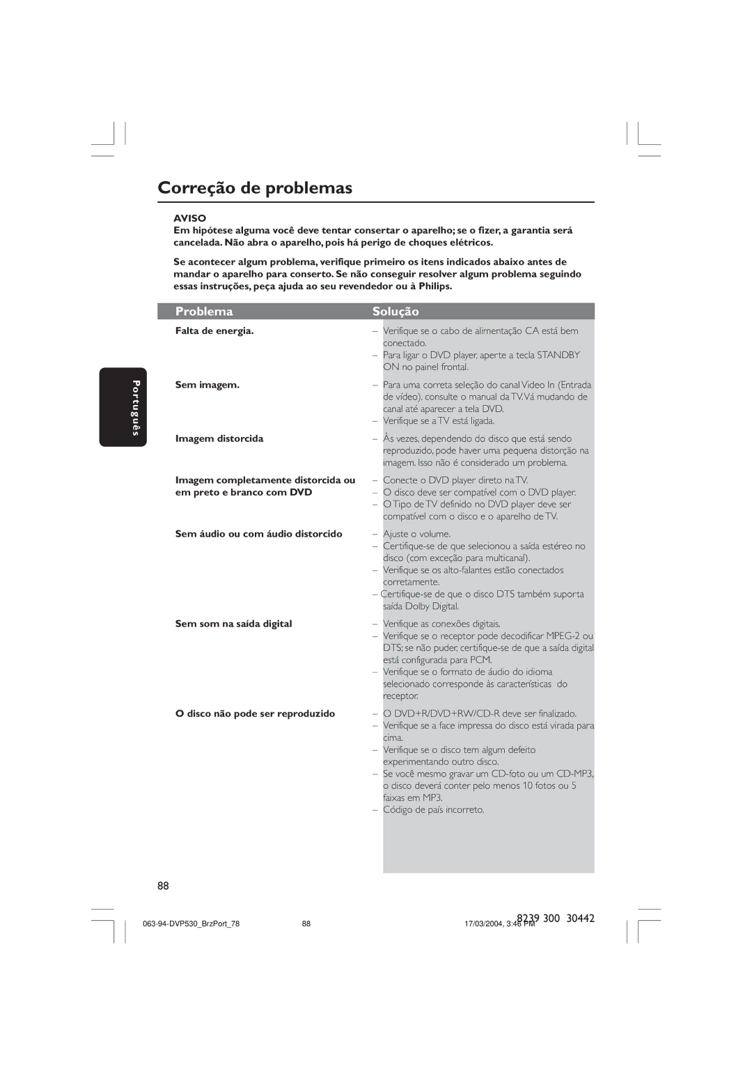 Philips DVP530 manual Correção de problemas, Aviso 