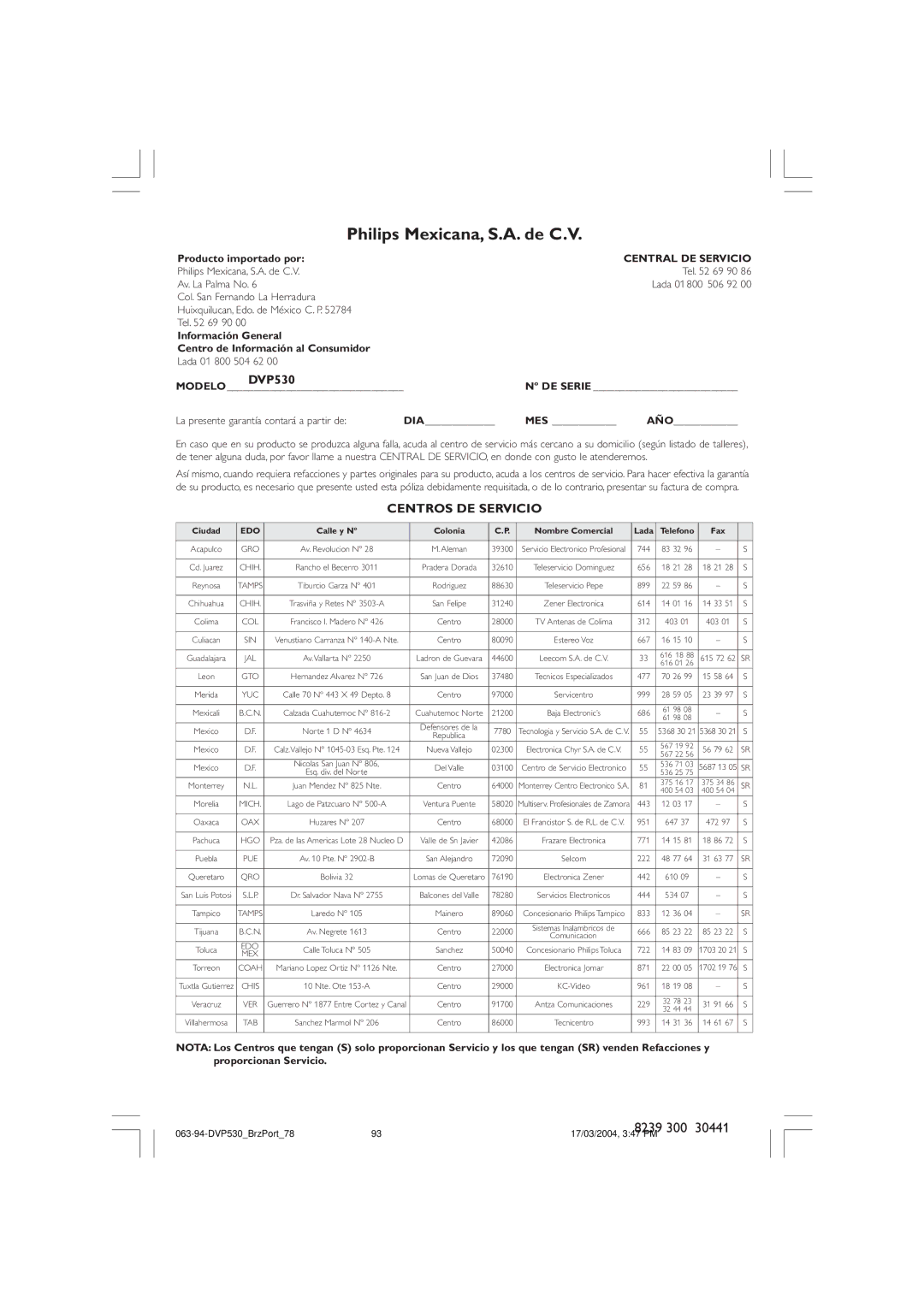Philips DVP530 manual Centros DE Servicio 