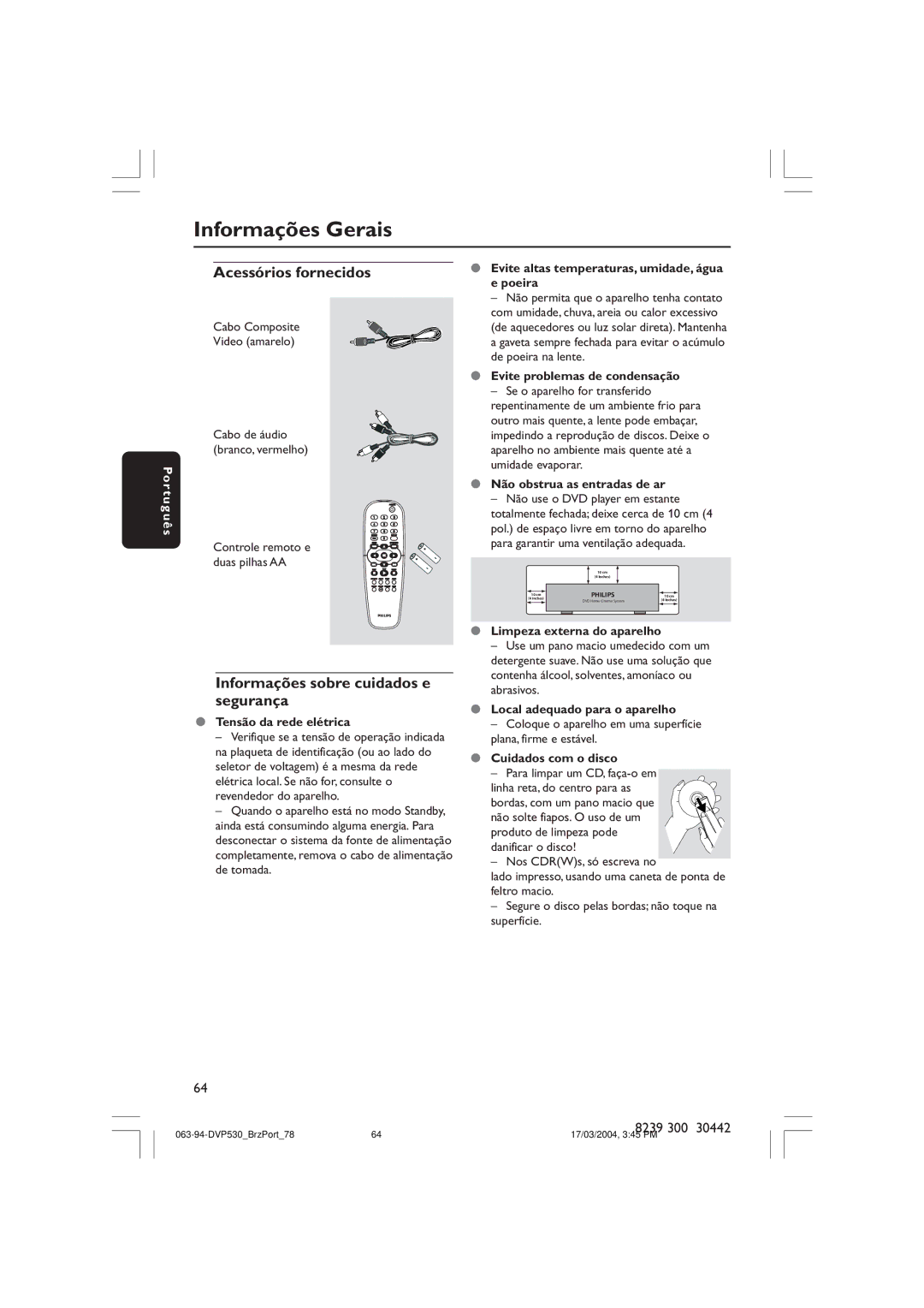 Philips DVP530 manual Informações Gerais, Acessórios fornecidos, Informações sobre cuidados e segurança, Por tu gu ês 