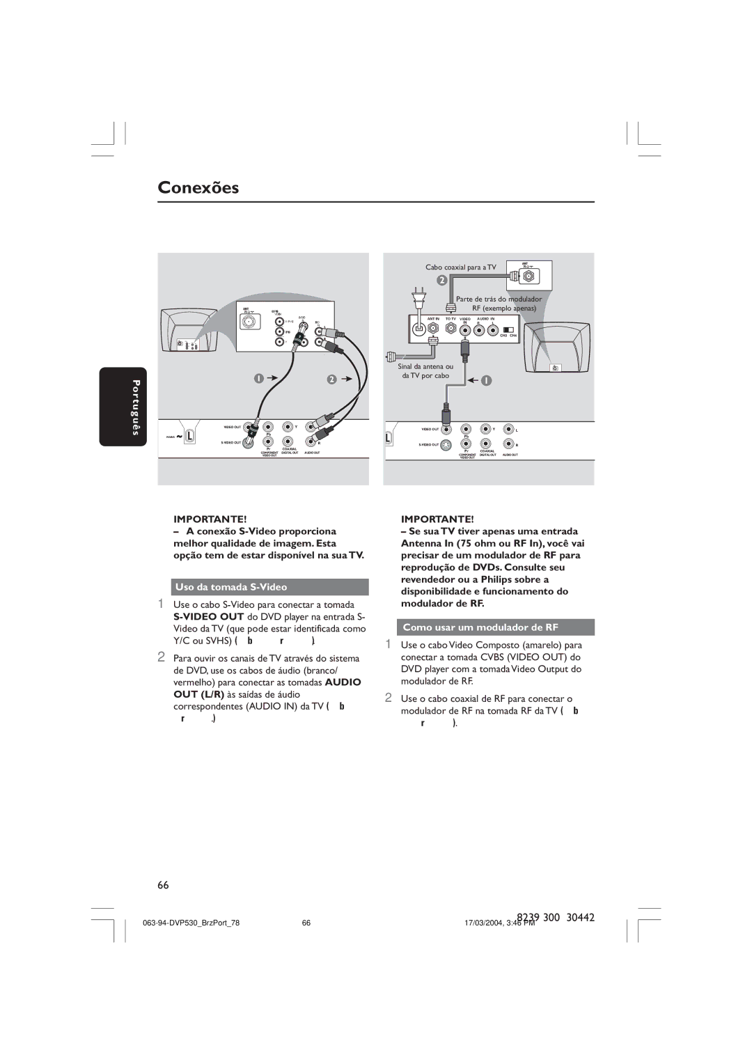 Philips DVP530 manual Uso da tomada S-Video, Como usar um modulador de RF 