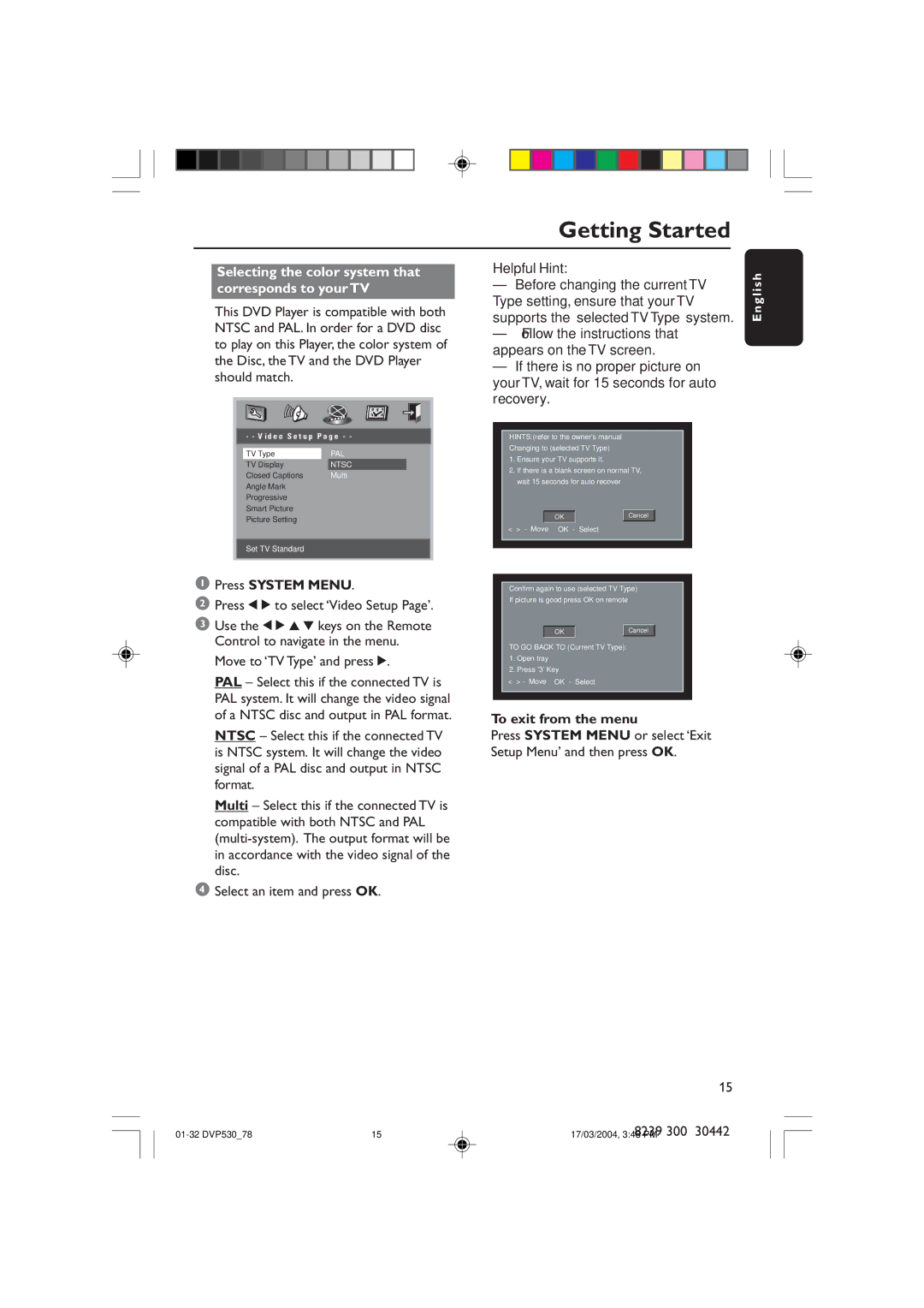 Philips DVP530 Selecting the color system that corresponds to your TV, Press System Menu, Move to ‘TV Type’ and press 