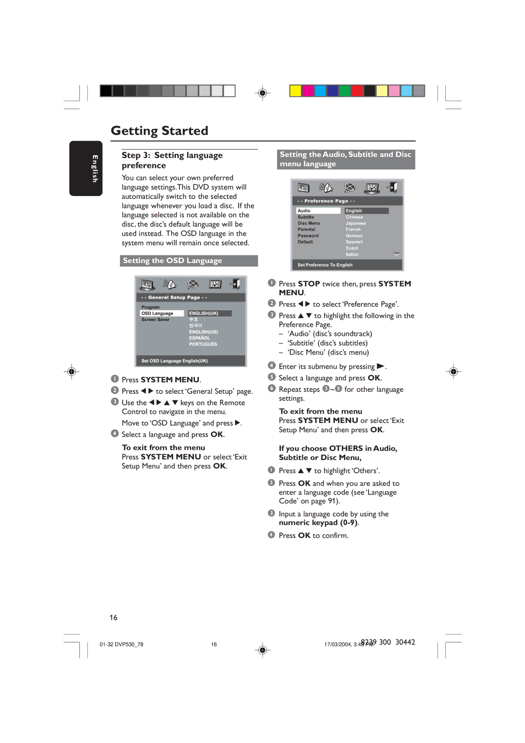 Philips DVP530 Setting language preference, Setting the OSD Language, Setting the Audio, Subtitle and Disc menu language 