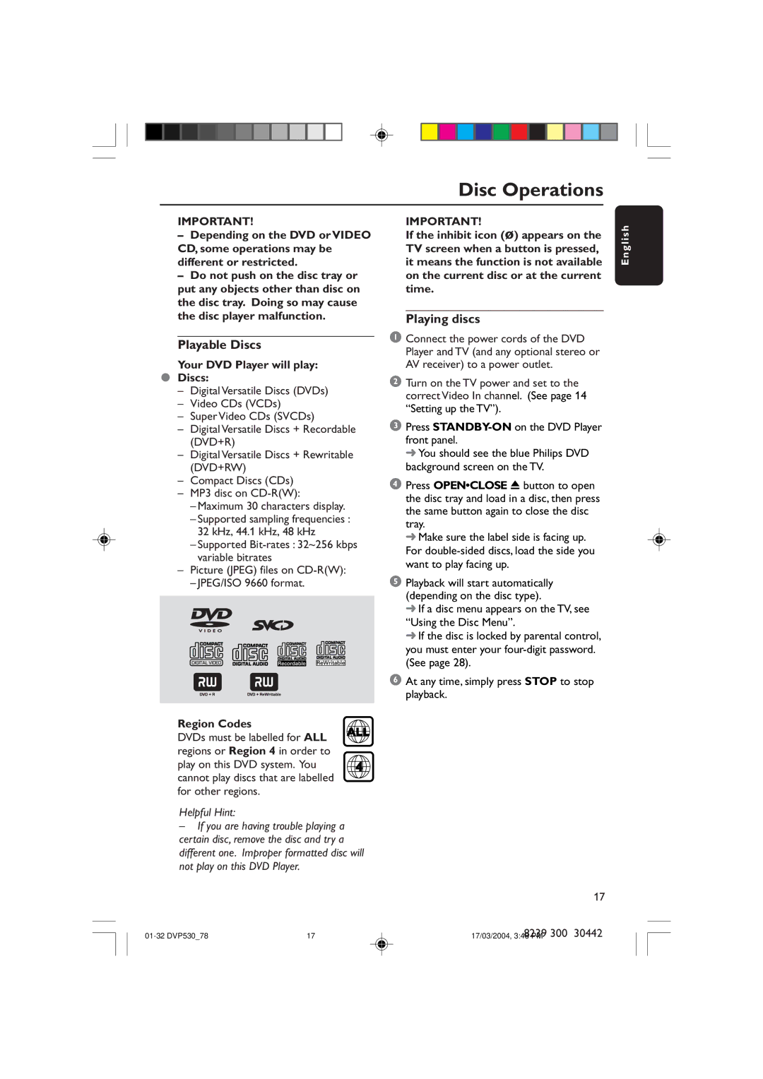 Philips DVP530 manual Disc Operations, Playable Discs, Playing discs, Your DVD Player will play Discs, Region Codes 