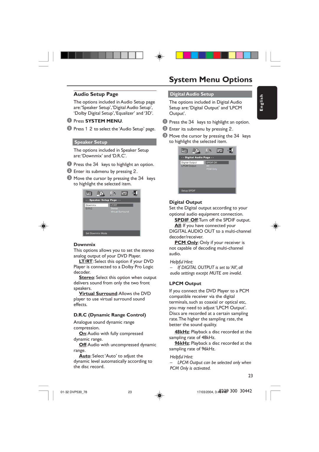 Philips DVP530 manual Speaker Setup, Digital Audio Setup 