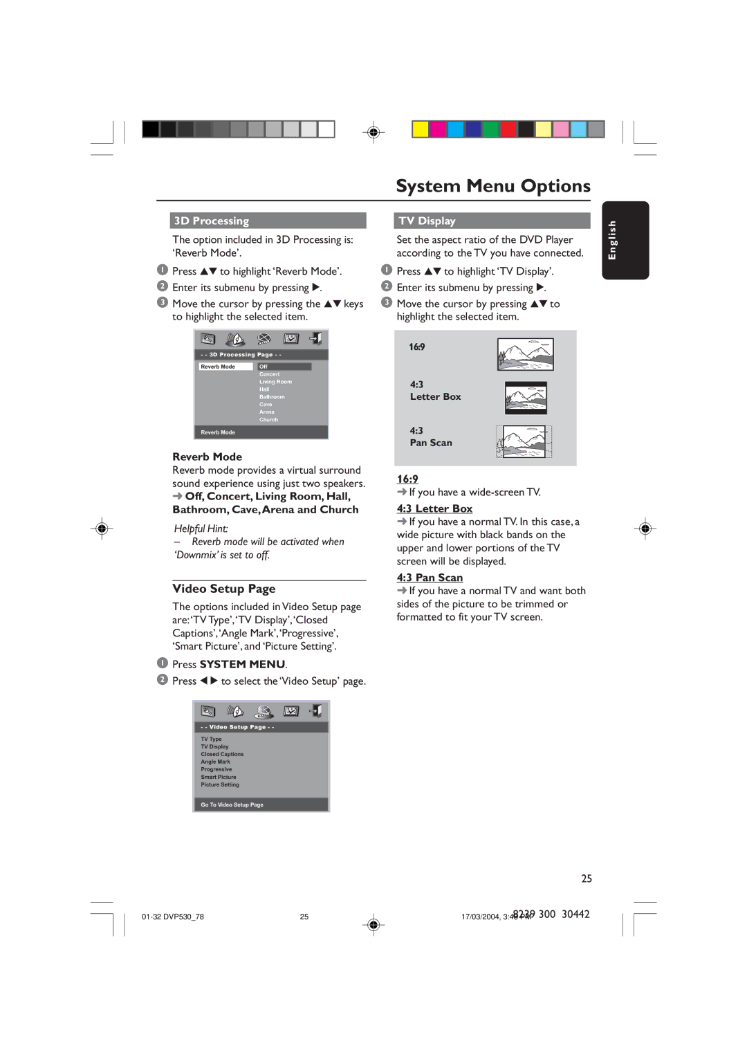 Philips DVP530 manual Video Setup, 3D Processing TV Display 