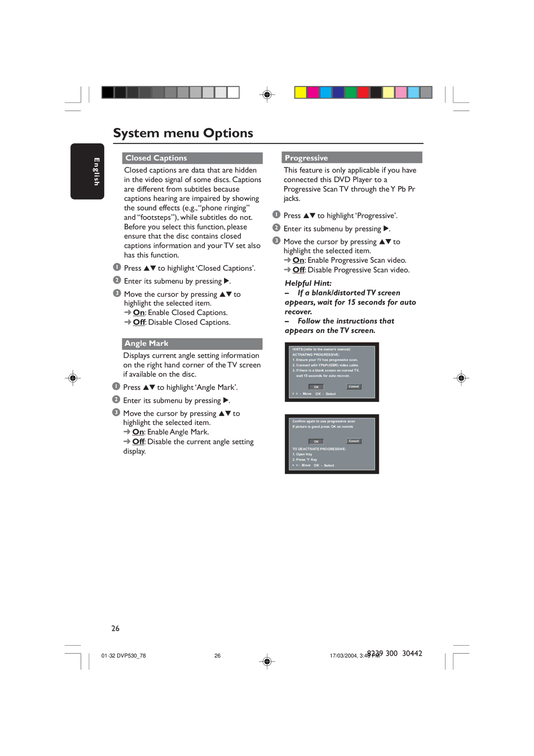 Philips DVP530 manual Closed Captions, Angle Mark, Progressive 