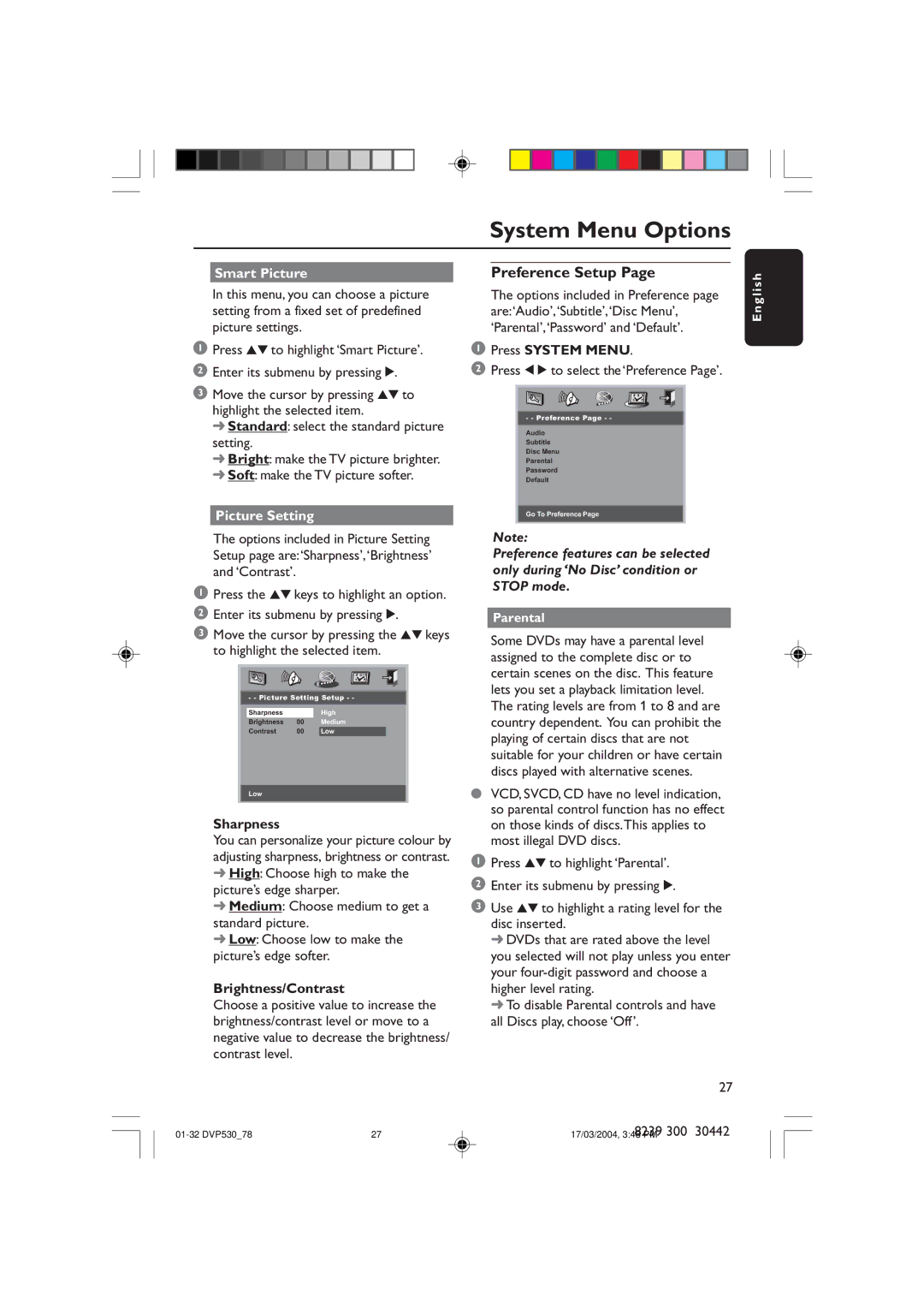 Philips DVP530 manual Preference Setup, Smart Picture, Picture Setting, Sharpness, Brightness/Contrast 