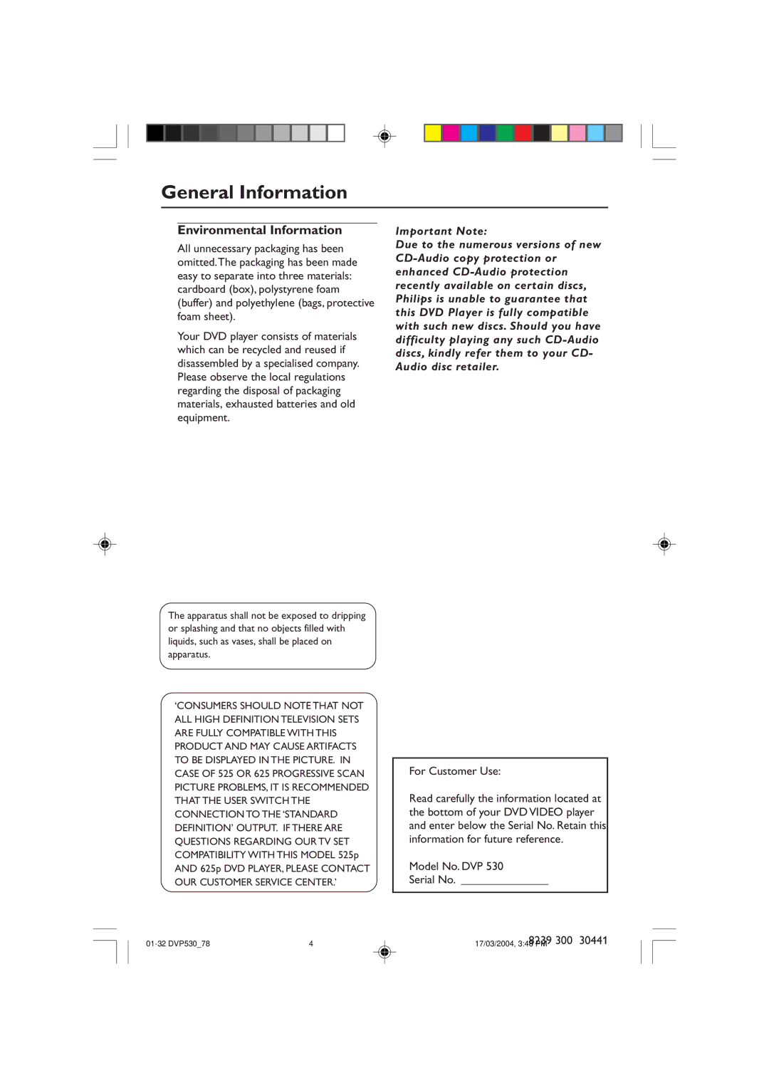 Philips DVP530 manual General Information, Environmental Information, For Customer Use, Model No. DVP Serial No 