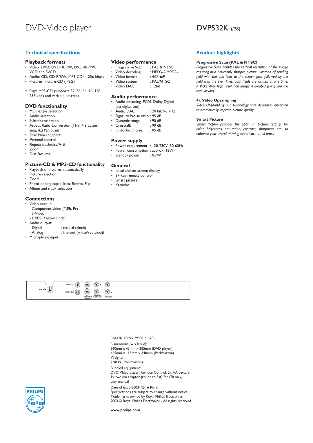 Philips DVP532K Playback formats, DVD functionality, Picture-CD & MP3-CD functionality, Connections, Video performance 