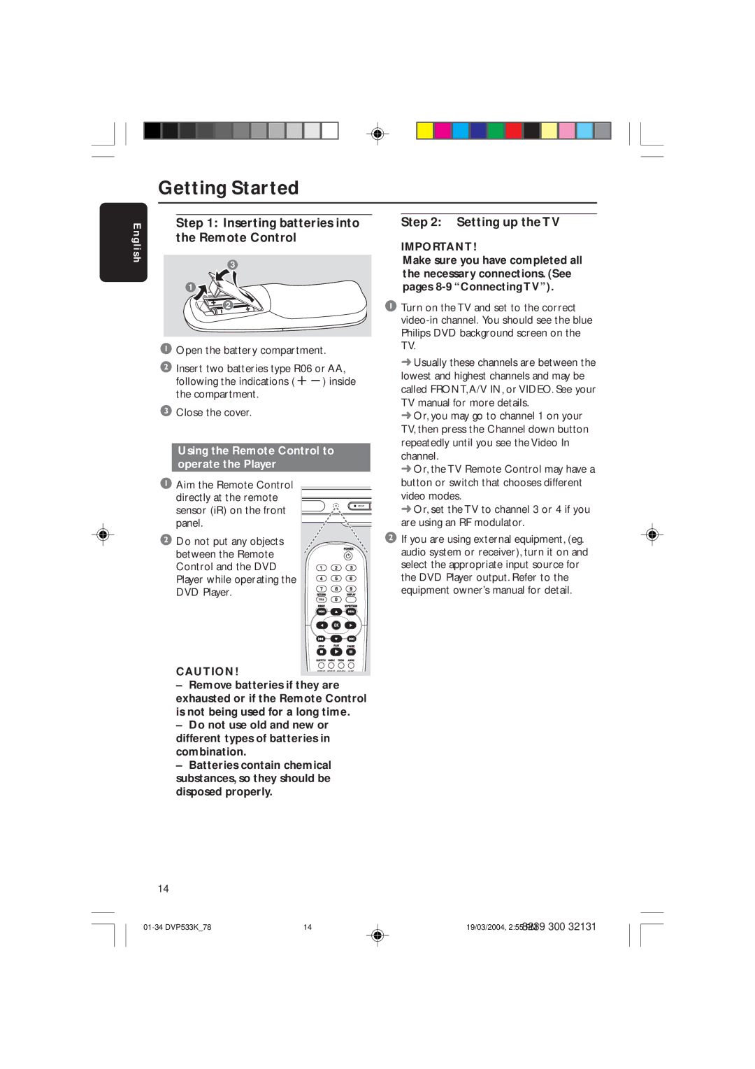 Philips DVP533K/78 manual Getting Started, Inserting batteries into the Remote Control, Setting up the TV 