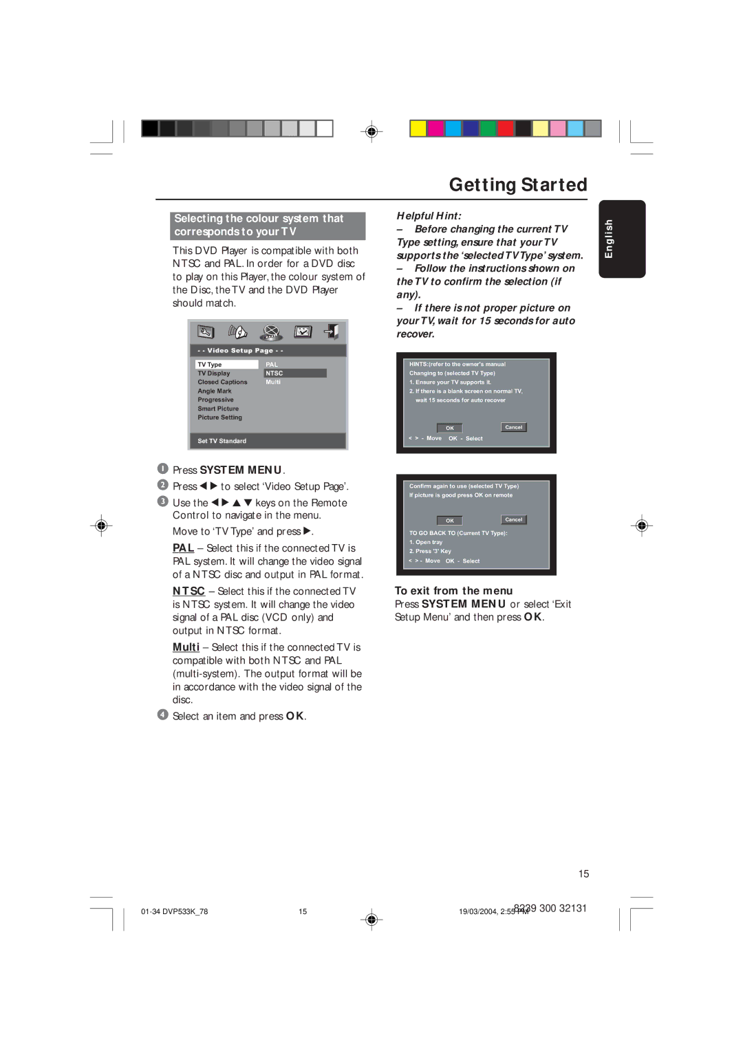 Philips DVP533K manual Selecting the colour system that corresponds to your TV, Press System Menu, To exit from the menu 