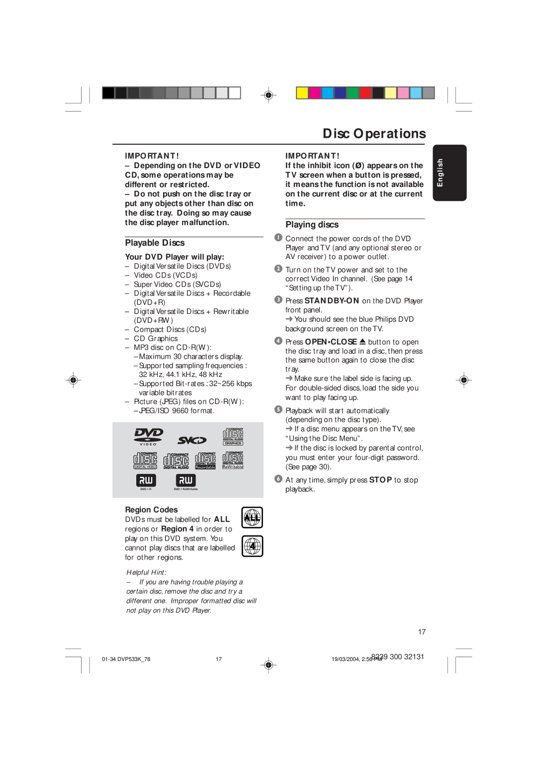 Philips DVP533K/78 manual Disc Operations, Playable Discs, Playing discs, Your DVD Player will play, Region Codes 
