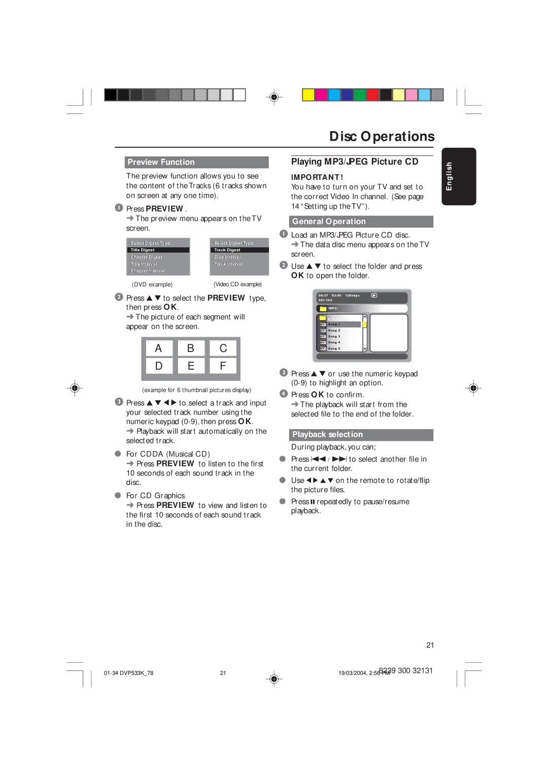 Philips DVP533K/78 manual Playing MP3/JPEG Picture CD, Preview Function, General Operation, Playback selection 