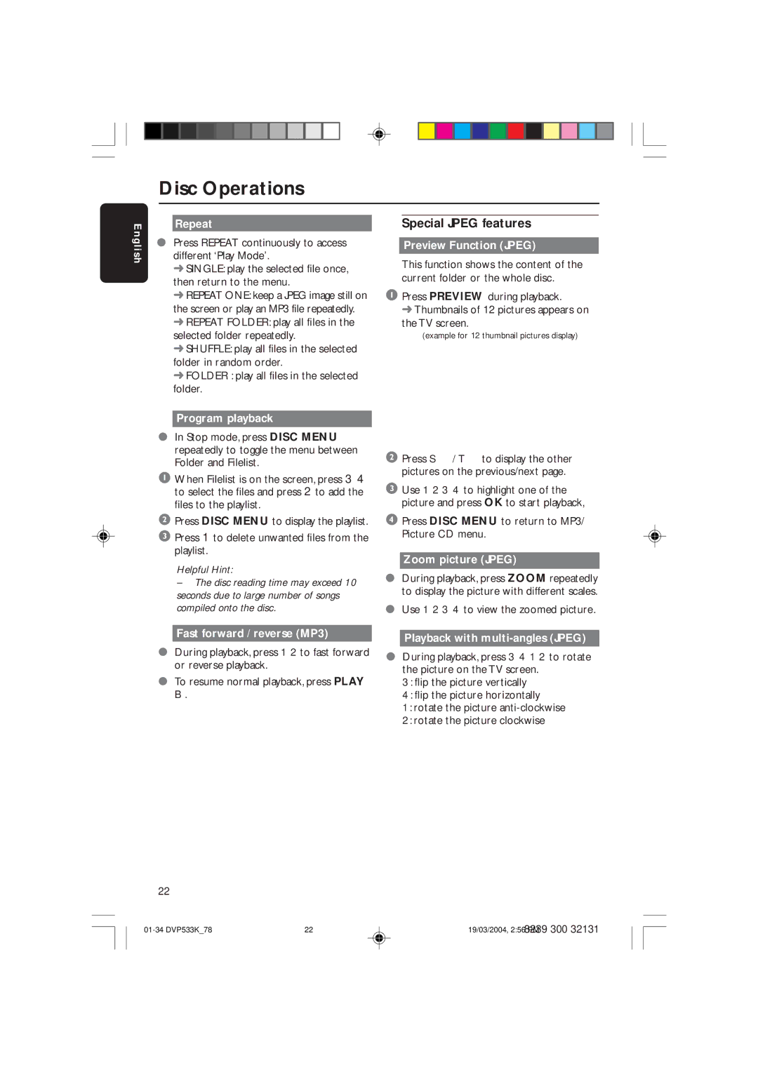 Philips DVP533K/78 manual Special Jpeg features 