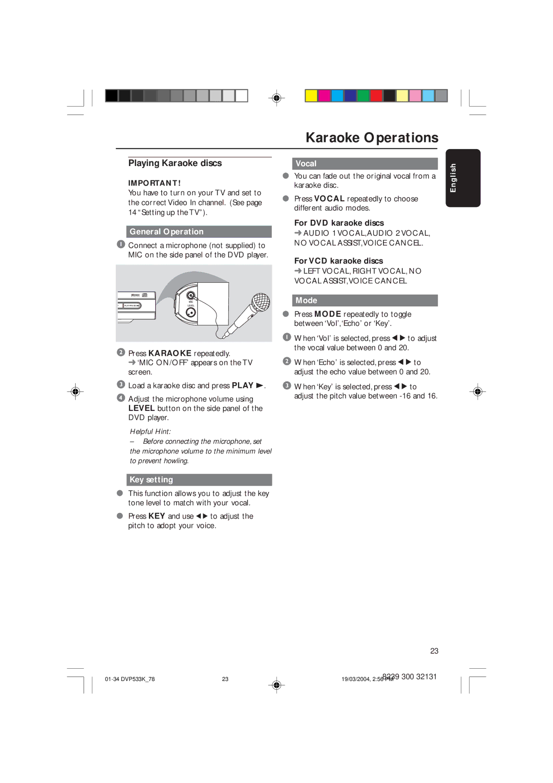 Philips DVP533K/78 manual Karaoke Operations, Playing Karaoke discs, Vocal, Mode, Key setting 