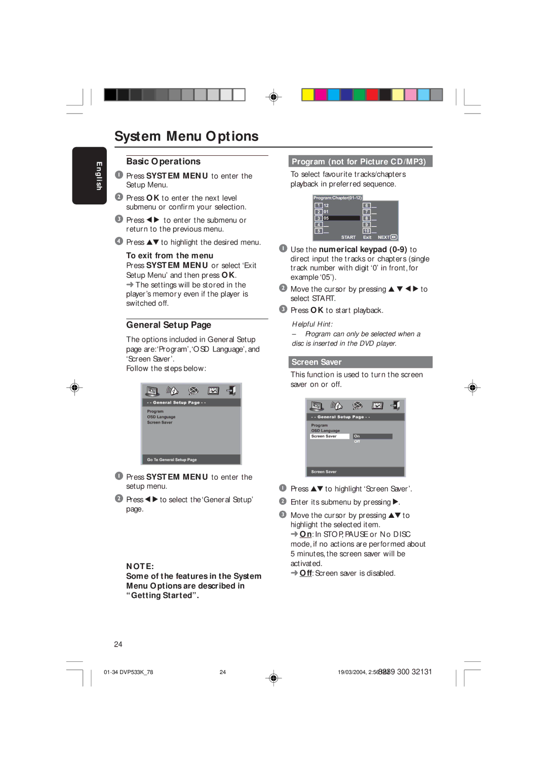 Philips DVP533K/78 System Menu Options, Basic Operations, General Setup, Program not for Picture CD/MP3, Screen Saver 