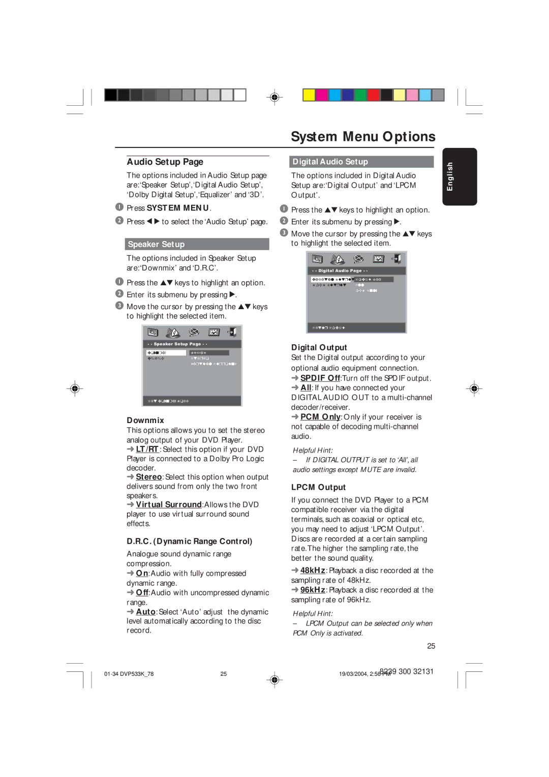 Philips DVP533K/78 manual Speaker Setup, Digital Audio Setup 