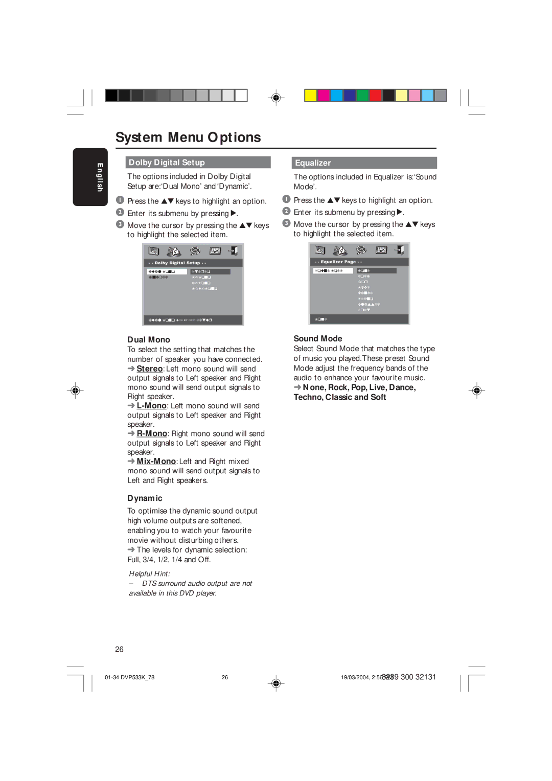 Philips DVP533K/78 manual Dolby Digital Setup Equalizer, Dual Mono, Dynamic, Sound Mode 
