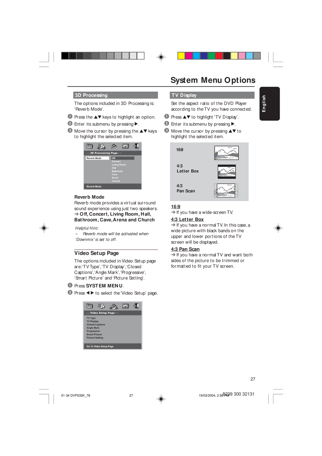 Philips DVP533K/78 manual Video Setup, 3D Processing TV Display 