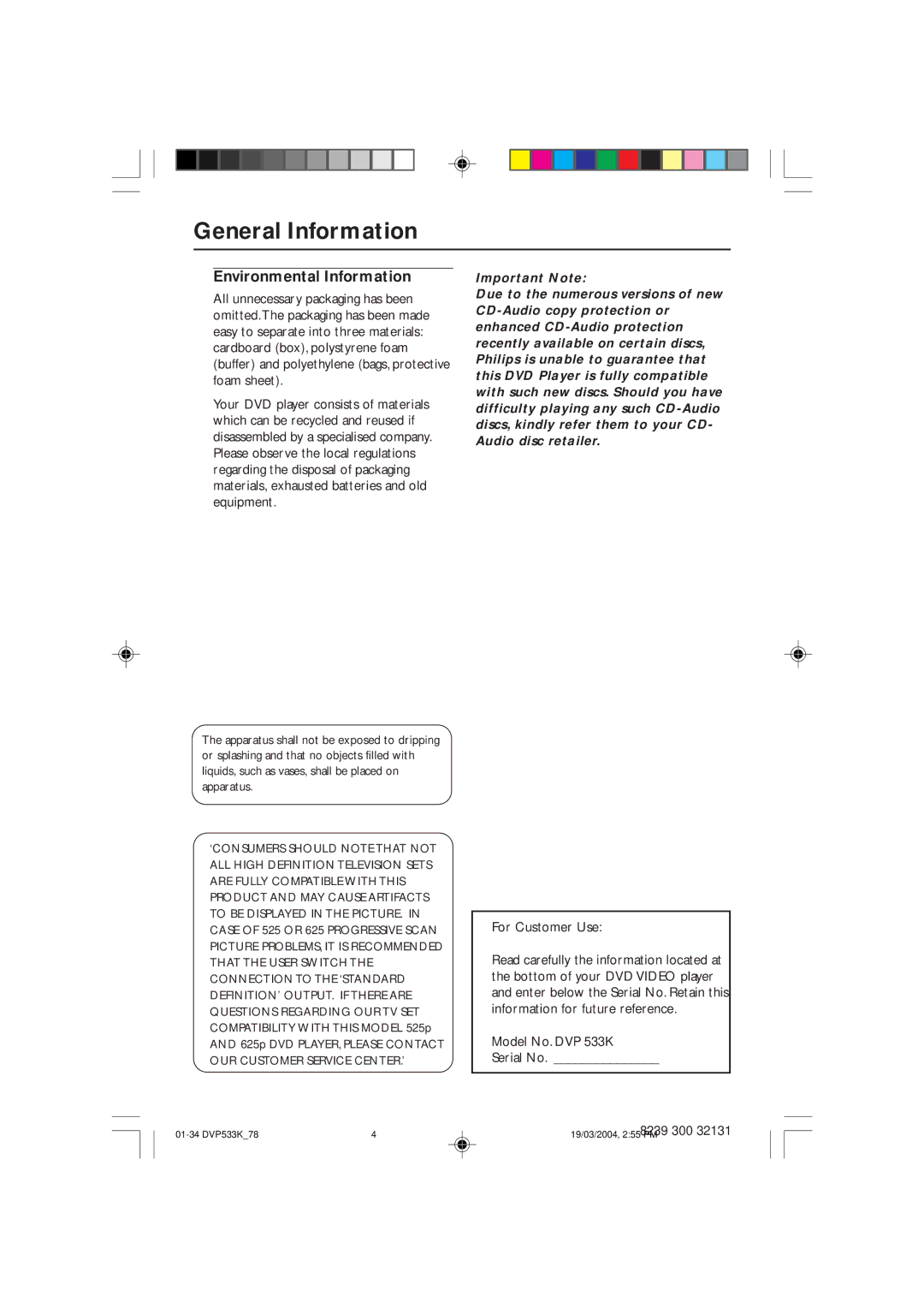 Philips DVP533K/78 manual General Information, Environmental Information 