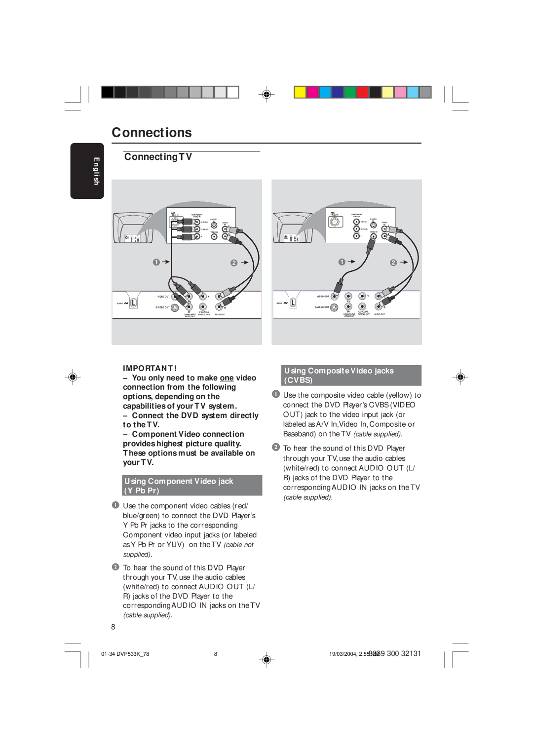Philips DVP533K/78 manual Using Component Video jack Y Pb Pr, Using Composite Video jacks Cvbs 