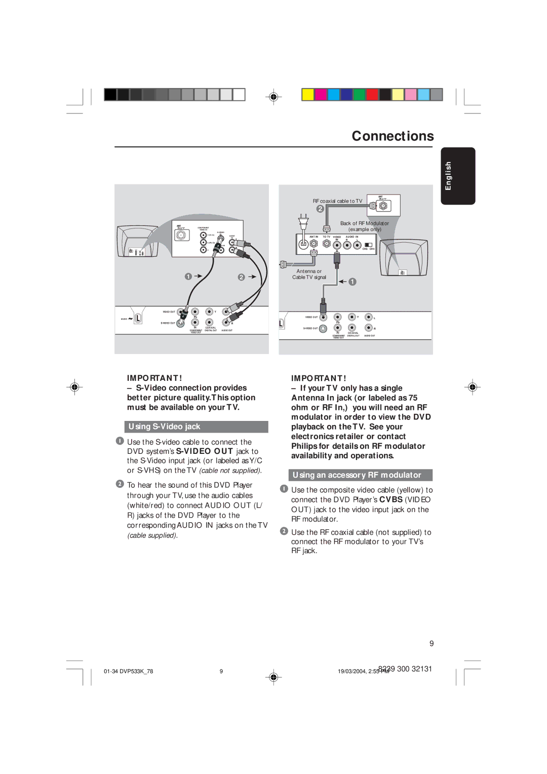 Philips DVP533K/78 manual Connections, Using S-Video jack, Using an accessory RF modulator 