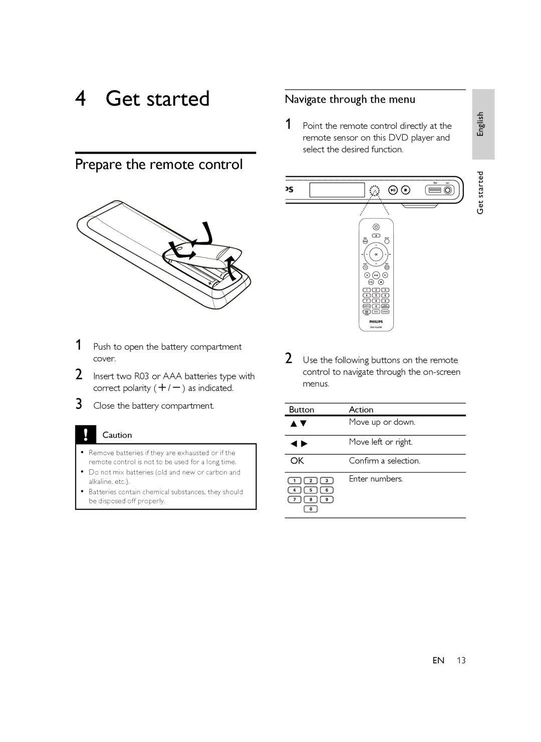 Philips DVP5388K Get started, Prepare the remote control, Navigate through the menu, Move left or right, Enter numbers 