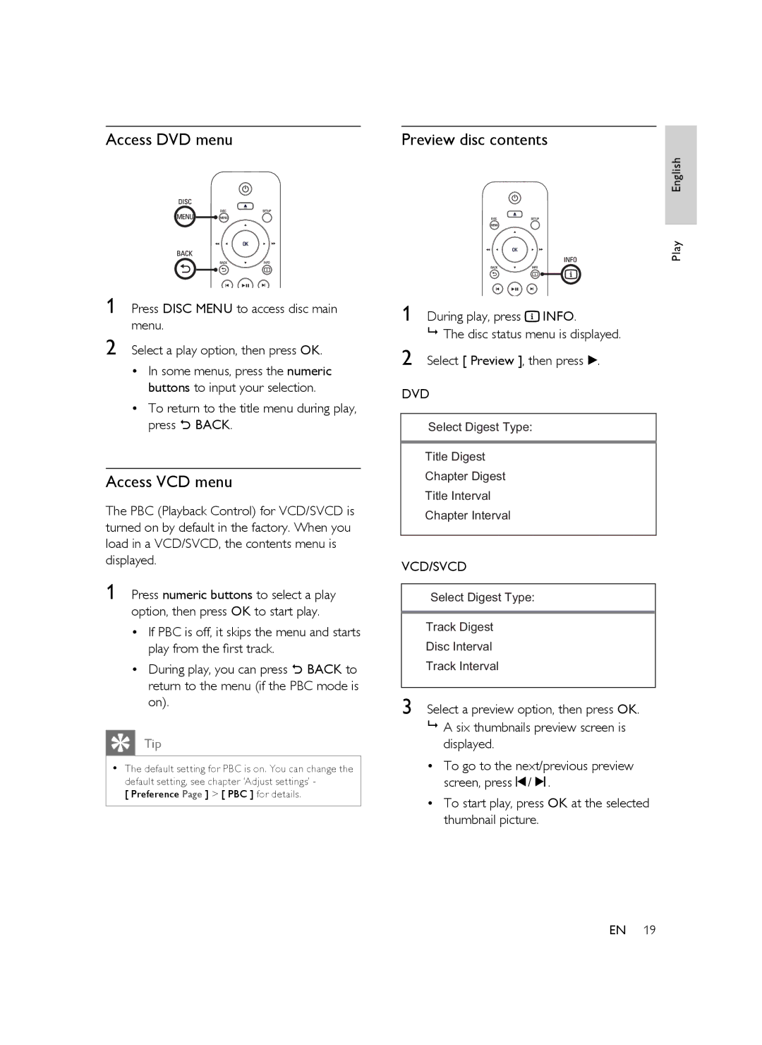 Philips DVP5388K/51 user manual Access DVD menu, Access VCD menu, Preview disc contents 