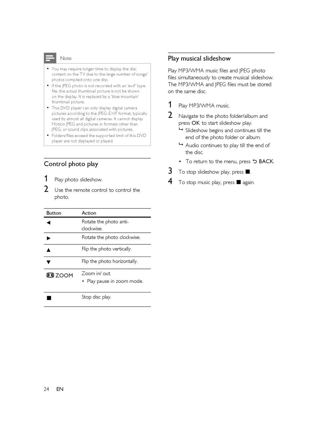 Philips DVP5388K/51 user manual Control photo play, Play musical slideshow 