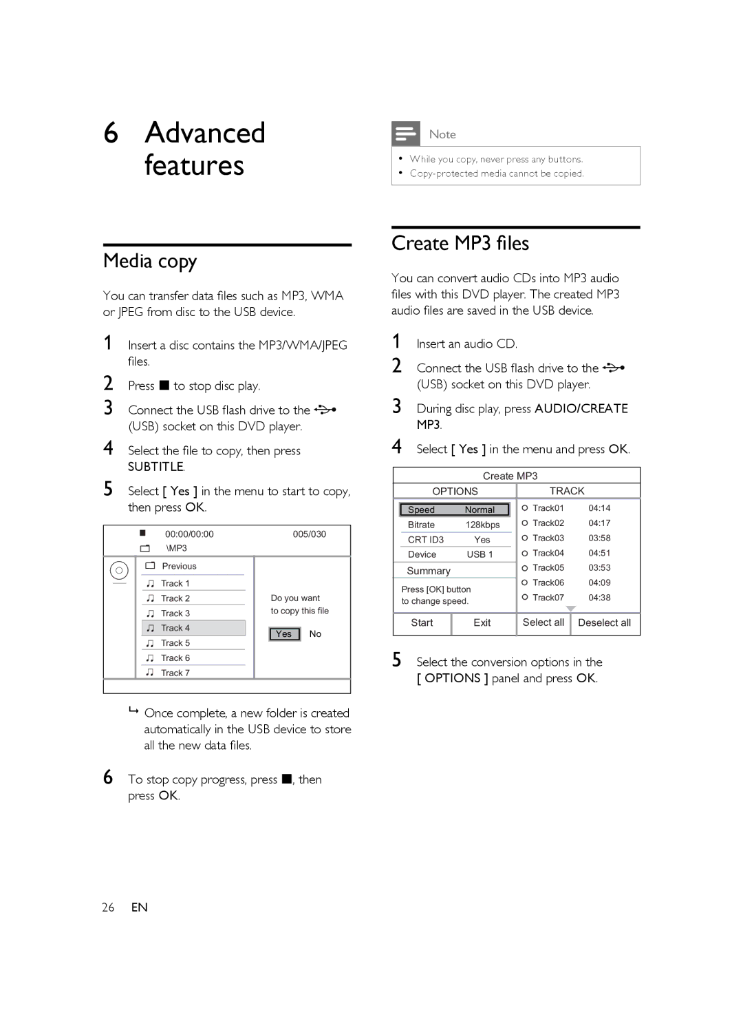 Philips DVP5388K/51 user manual Media copy, Create MP3 ﬁles, Select Yes in the menu to start to copy, then press OK, 26 EN 