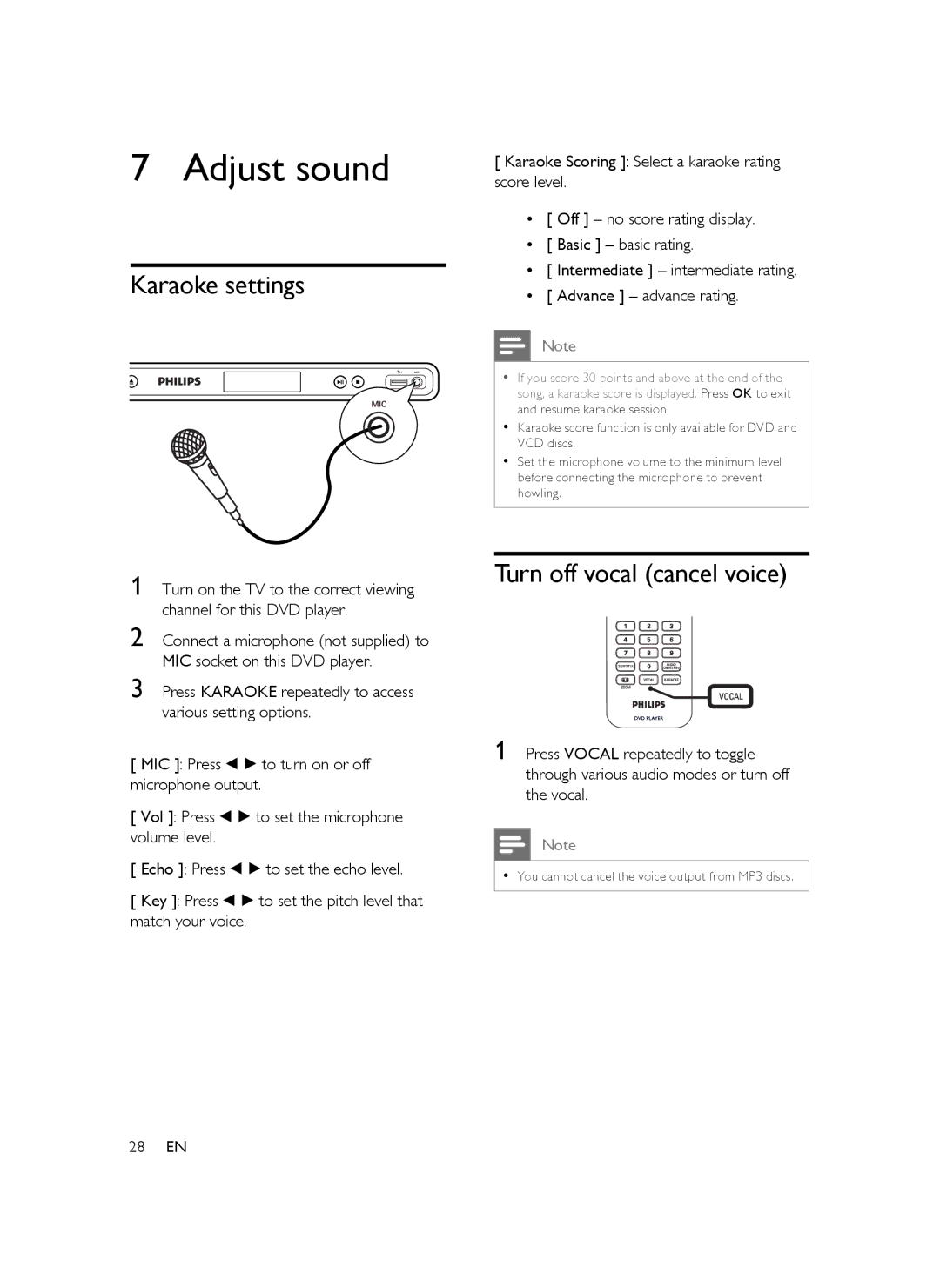 Philips DVP5388K/51 user manual Adjust sound, Karaoke settings, Turn off vocal cancel voice, 28 EN 