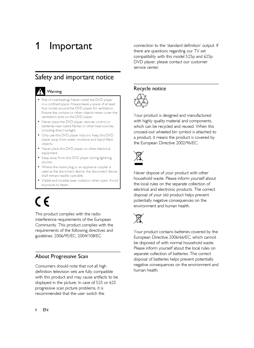 Philips DVP5388K/51 user manual Safety and important notice, About Progressive Scan, Recycle notice 