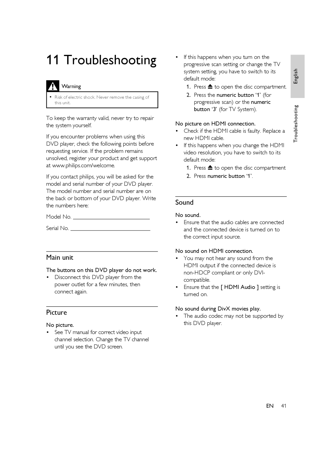 Philips DVP5388K/51 user manual Troubleshooting, Picture, Sound 