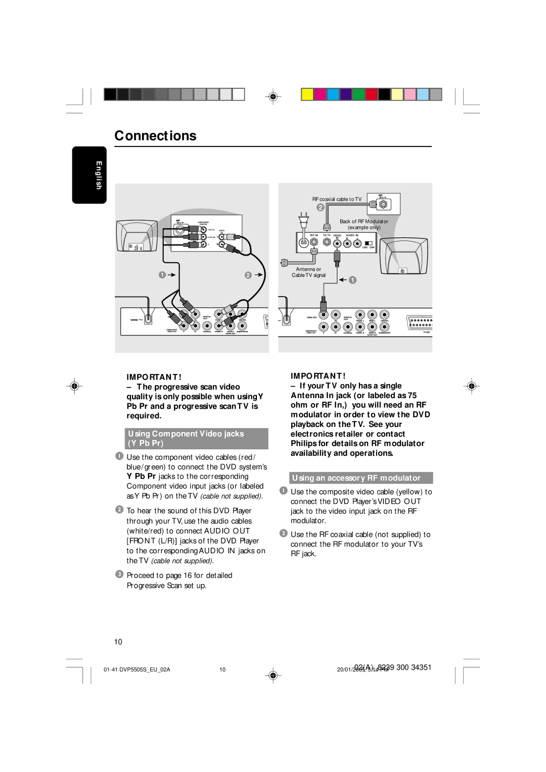 Philips DVP5500S user manual Connections, Using Component Video jacks Y Pb Pr, Using an accessory RF modulator 