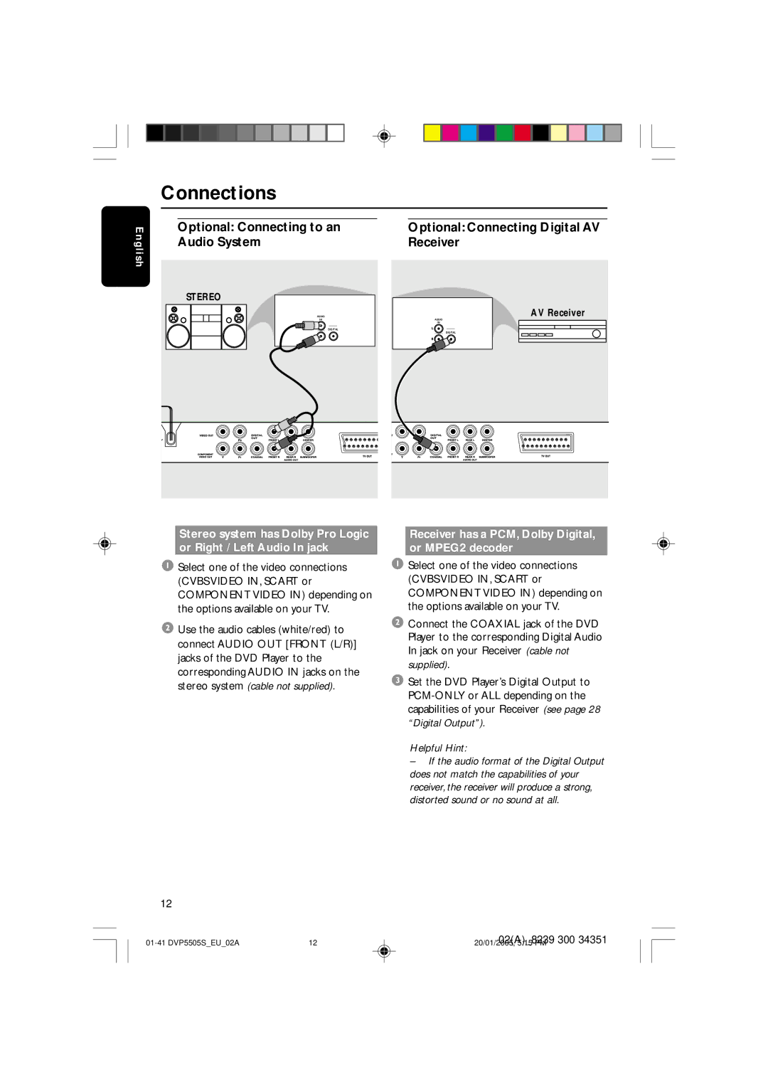 Philips DVP5500S user manual Optional Connecting to an Audio System, Optional Connecting Digital AV Receiver 