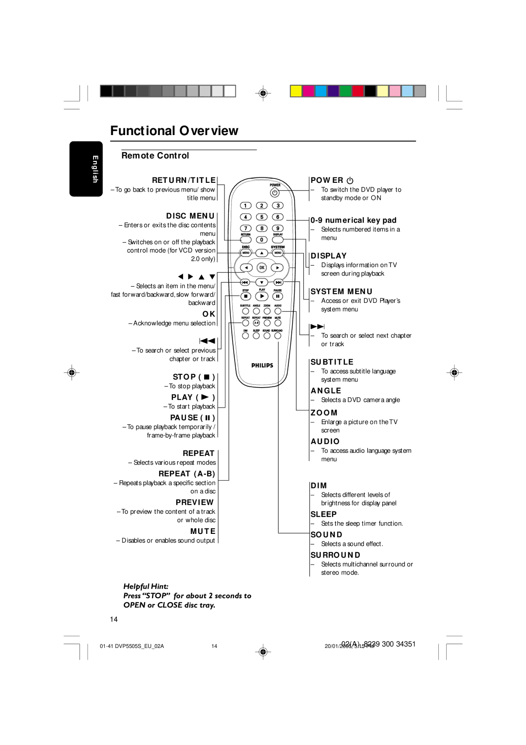 Philips DVP5500S user manual Remote Control 