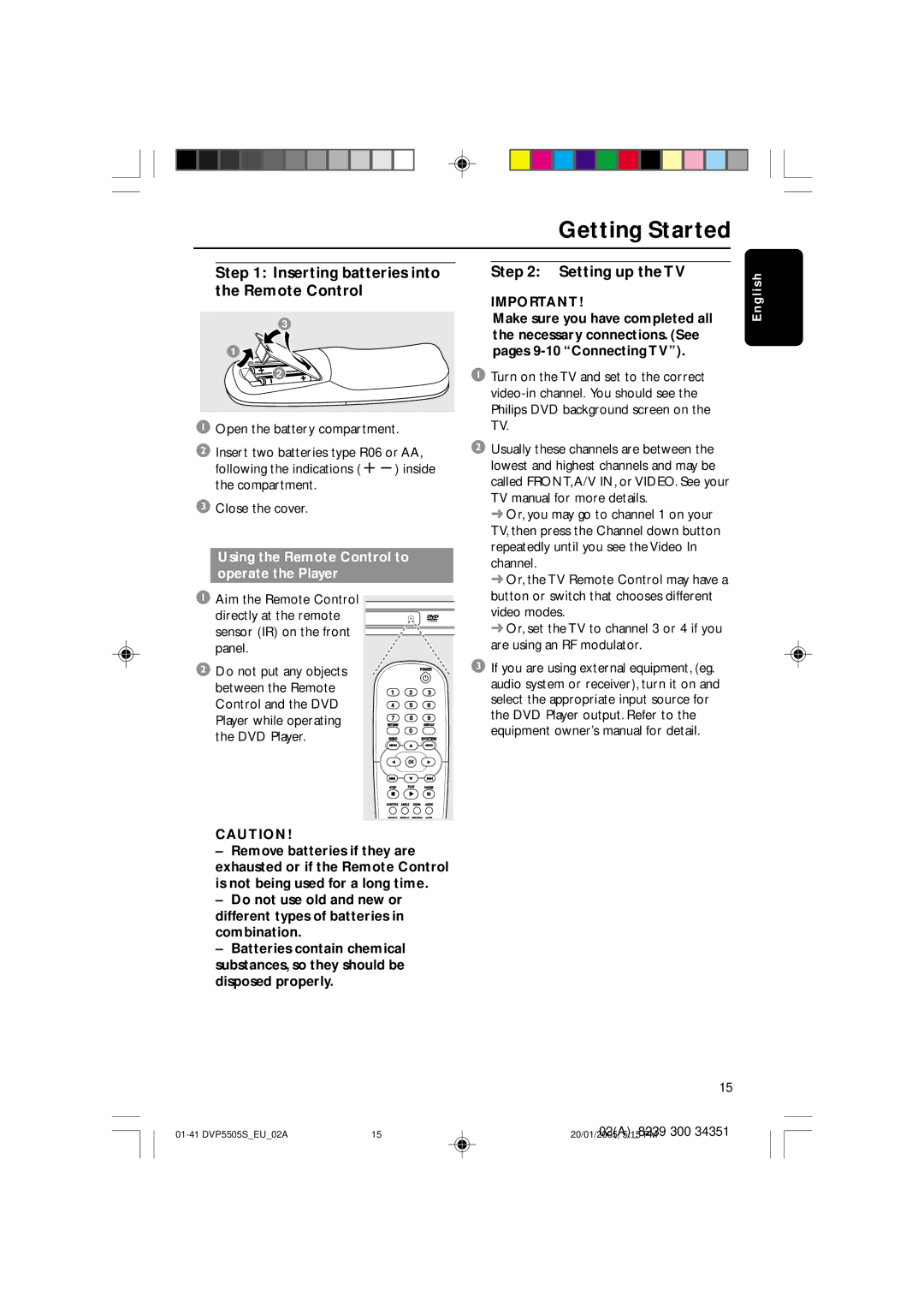 Philips DVP5500S user manual Getting Started, Inserting batteries into the Remote Control, Setting up the TV 