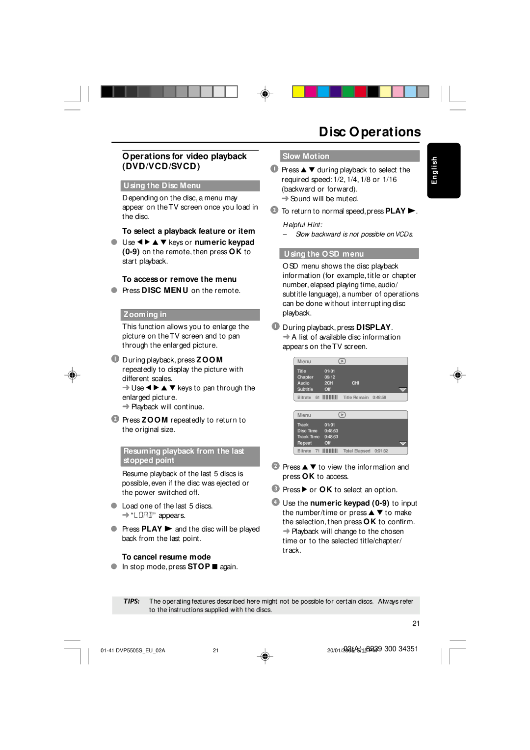 Philips DVP5500S user manual Operations for video playback DVD/VCD/SVCD 