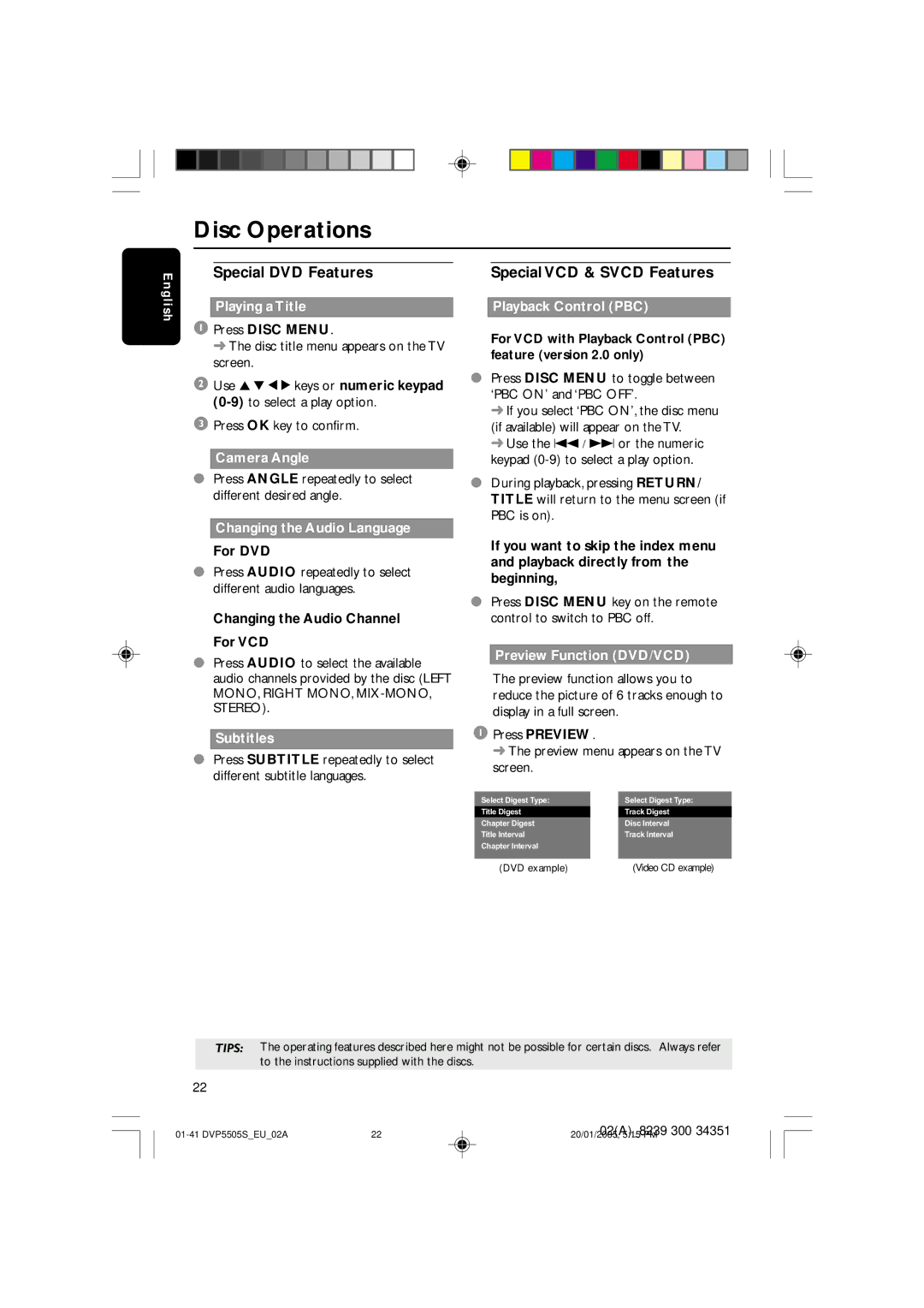 Philips DVP5500S user manual Special DVD Features Special VCD & Svcd Features 