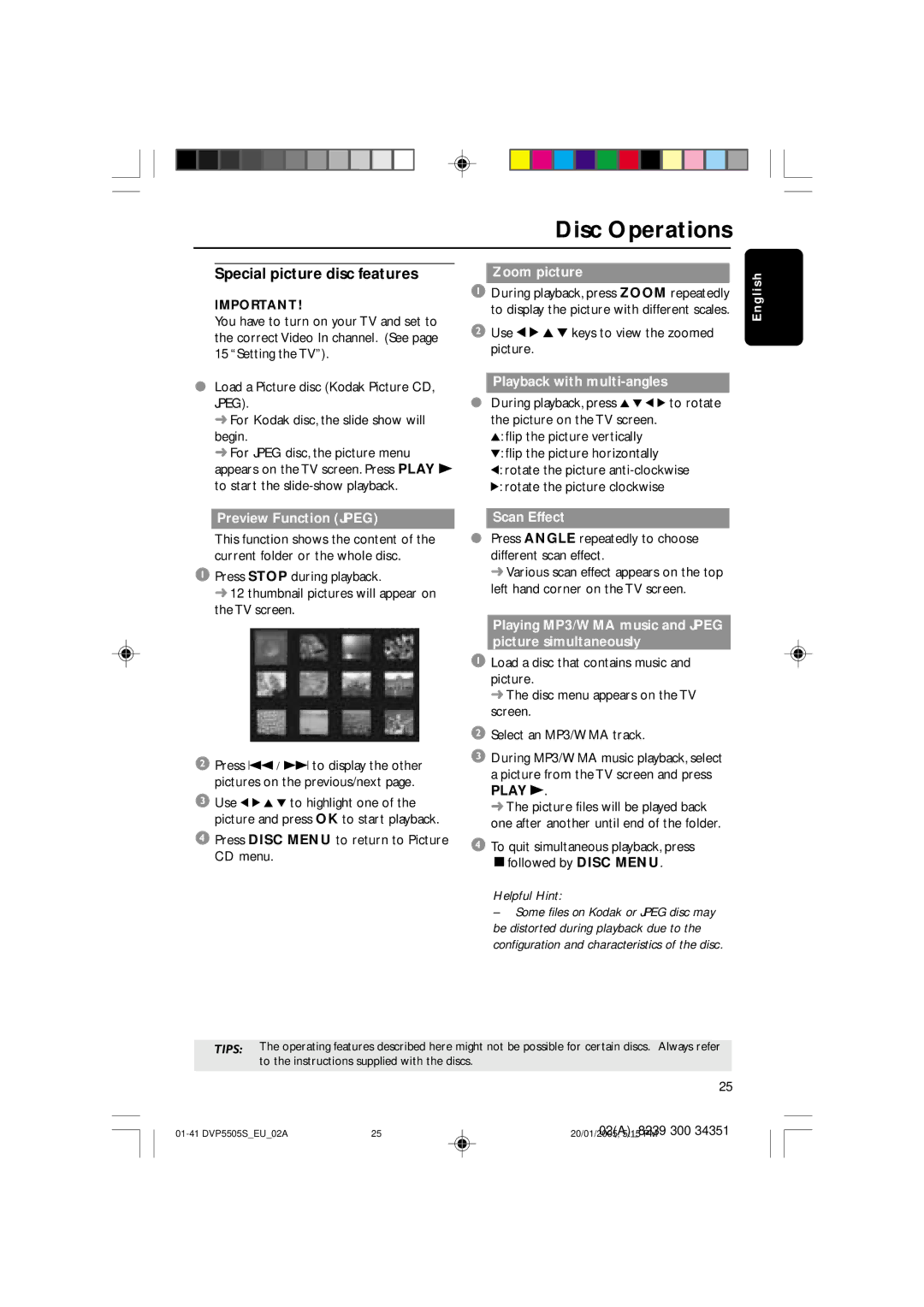 Philips DVP5500S user manual Special picture disc features, Preview Function Jpeg Zoom picture, Playback with multi-angles 