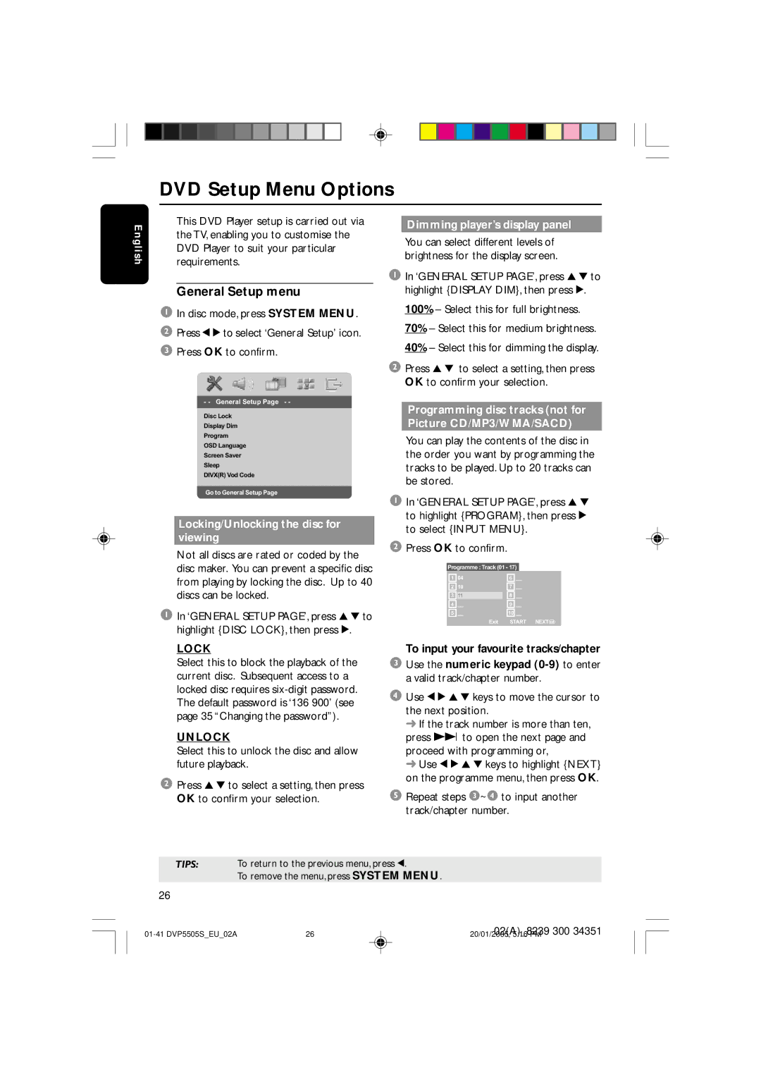 Philips DVP5500S user manual DVD Setup Menu Options, General Setup menu, Lock, Unlock 