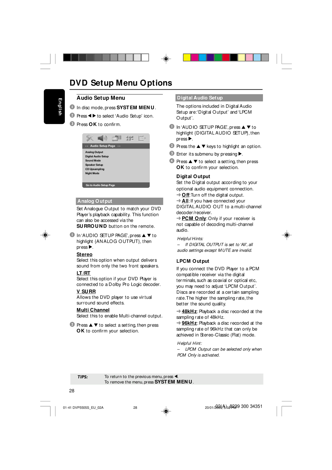 Philips DVP5500S user manual Audio Setup Menu, Analog Output, Lt/Rt, Surr, Digital Audio Setup 