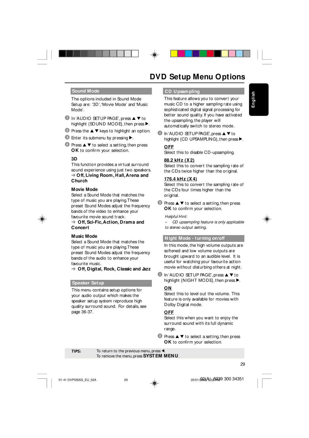 Philips DVP5500S user manual Sound Mode CD Upsampling, Speaker Setup, Night Mode turning on/off 