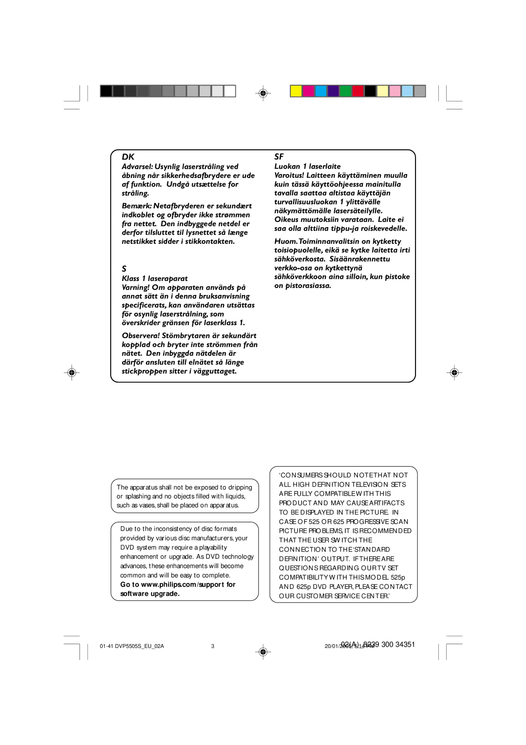 Philips DVP5500S user manual Klass 1 laseraparat 