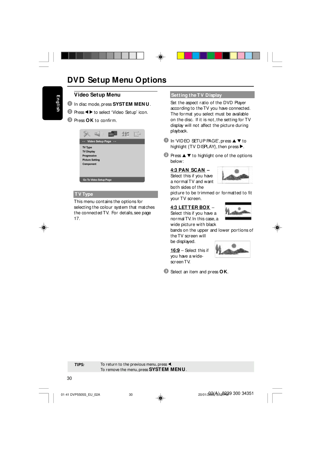 Philips DVP5500S user manual Video Setup Menu, TV Type, Setting the TV Display 